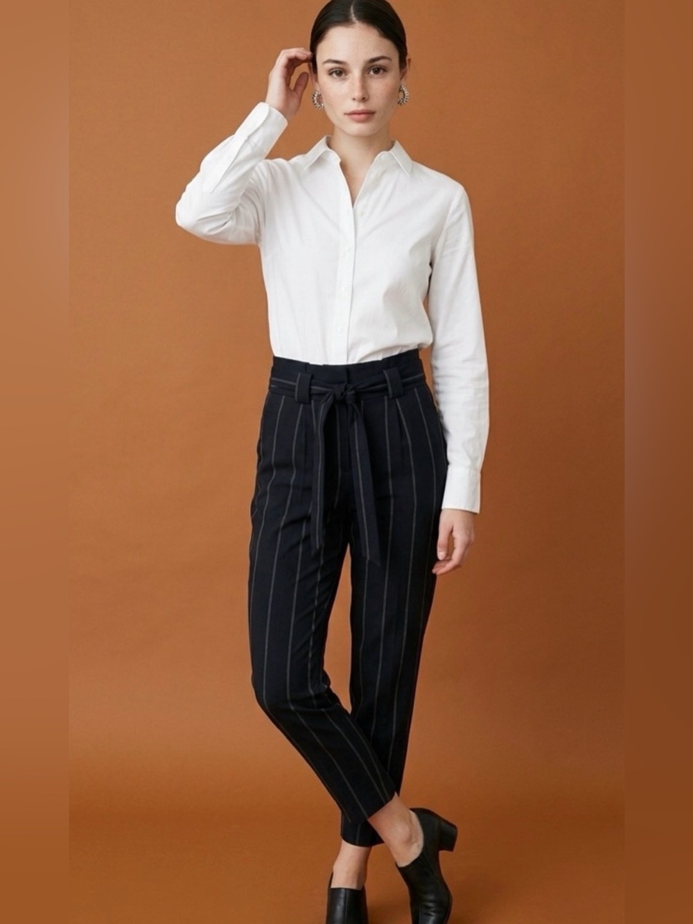 Express Black Pinstripe Ladies High Waist Tapered Pants Removable Belt 12